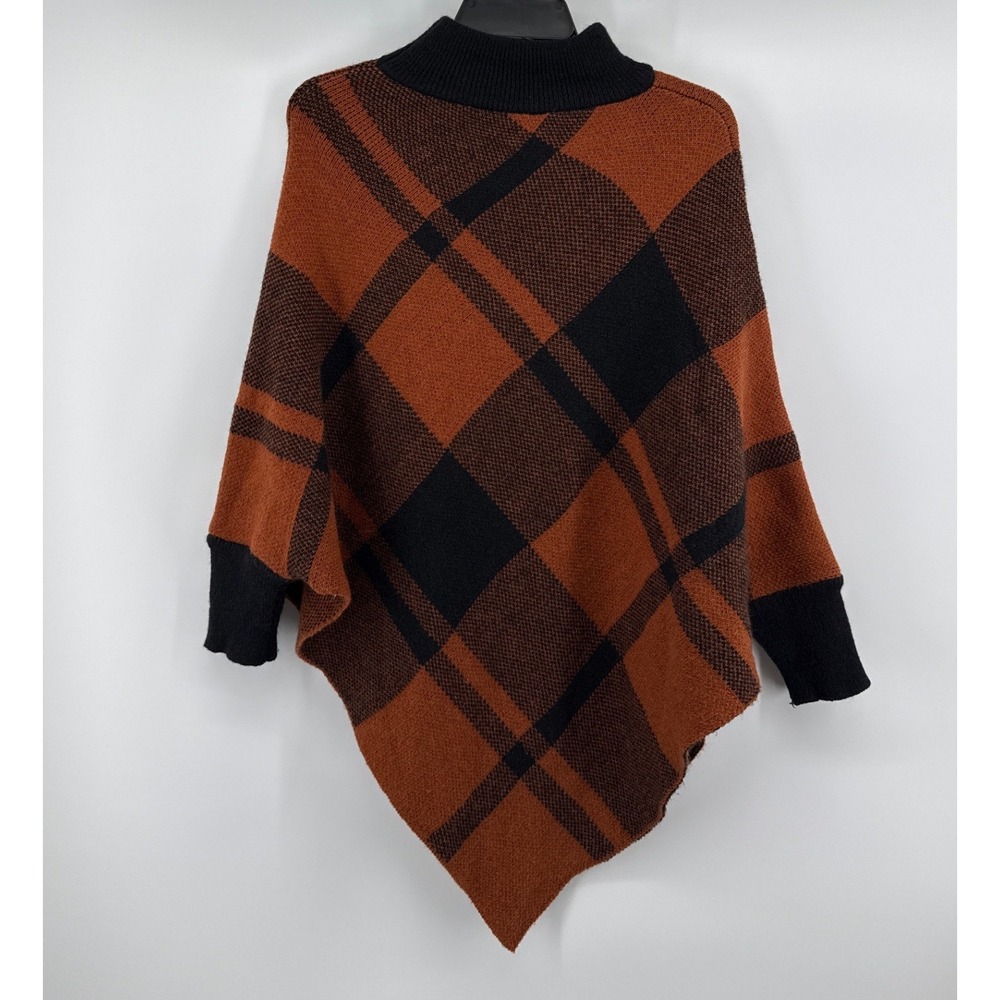 Womens Plaid Poncho Sweater Rust Orange Black Mock Neck Asymmetrical Wrap OS - Picture 2 of 2